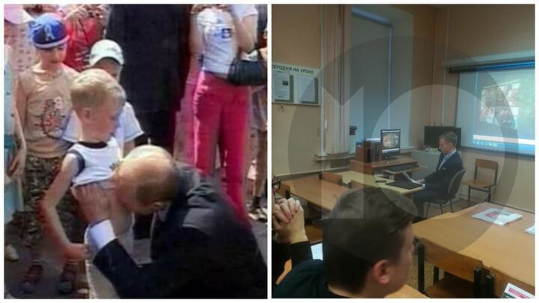 На фото слева Путин целует в живот мальчика. Справа - Никита Конкин в военно-учебном центре. Коллаж: t.me/mozhemobyasnit