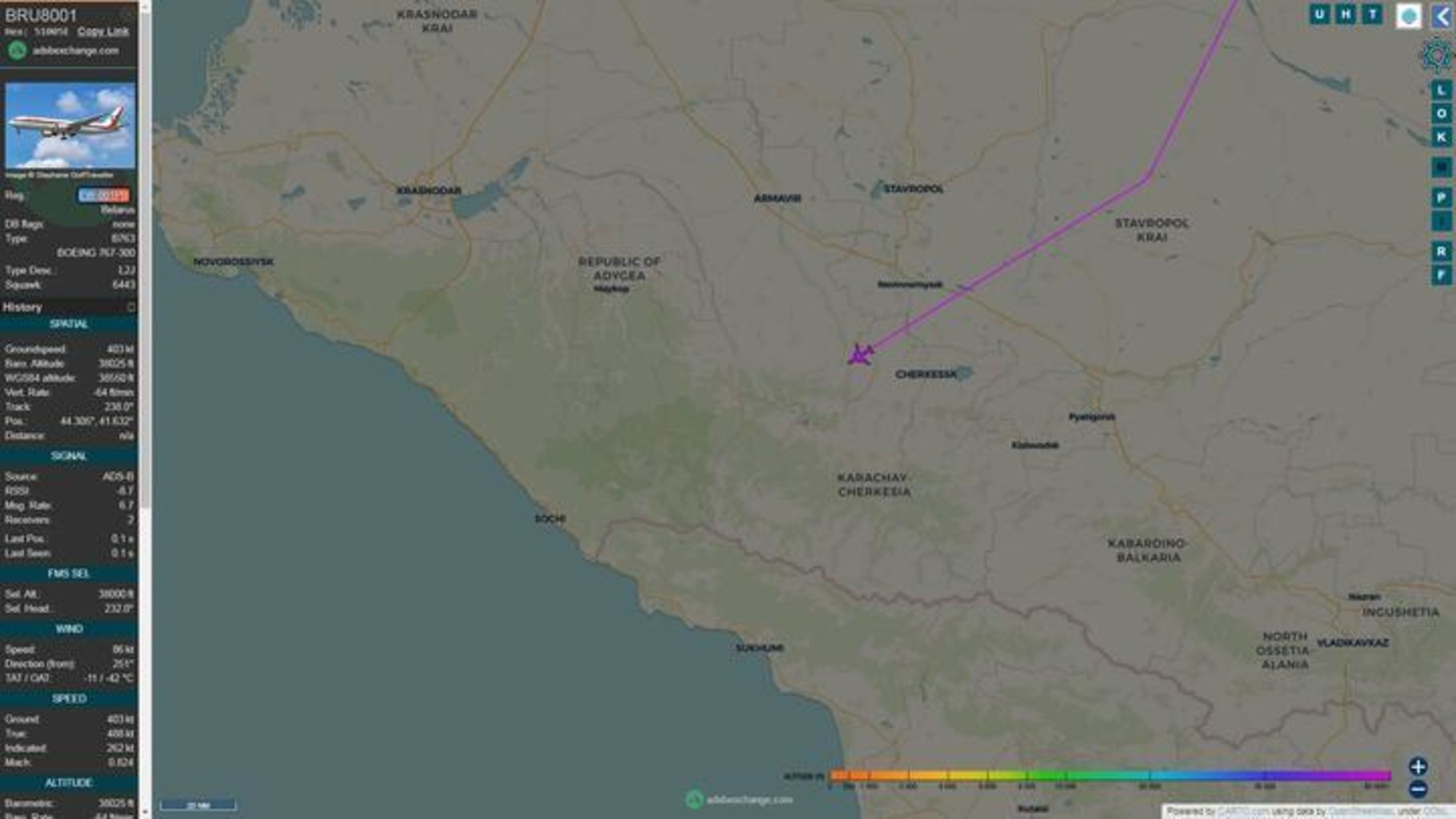 Samolet lukashenko boeing 767 32ker pod nomerom ew 001pb na flight radar 24 sentyabrya 2022 goda. foto  skrinshot chitatelya