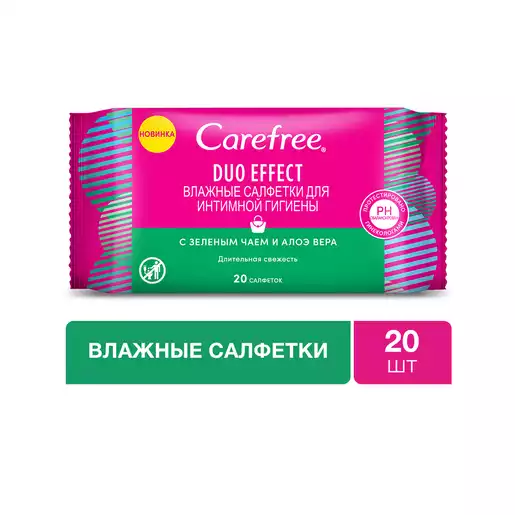 Carefree Duo Effect Салфетки для интимной гигиены с зеленым чаем и алоэ вера 20 шт