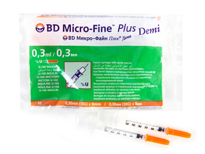 Шприц инсулиновый BD Micro-Fine Plus Demi 0,3 мл U-100 30G 10 шт шприц инсулиновый bd micro fine plus 0 5 мл u 100 0 30 мм 30g х 8 мм 10 шт