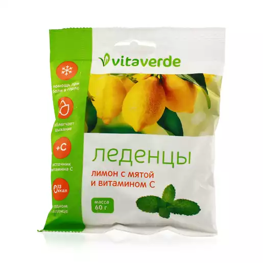 Vitaverde Леденцы лимон с мятой и витамином С 60 г