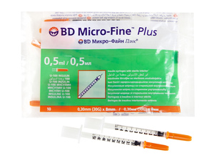 Шприц инсулиновый BD Micro-Fine Plus 0,5 мл U-100 0,30 мм (30G) х 8 мм 10 шт bd micro fine plus шприц инсулиновый u 100 1 мл 0 25 мм 31g х 6 мм 10 шт