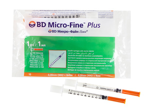 Шприц инсулиновый BD MF Plus 1 мл U-100 0,30 х 8 мм 30 G 10 шт микро плюс микро плюс фоспренил 5 флаконов по 10 мл 11 г