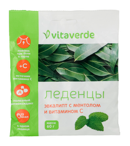Vitaverde Леденцы эвкалипт с ментол и витамином С 60 г леденцы на основе трав с витамином с альпийский мёд актифрут 60 г
