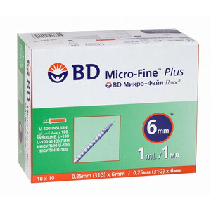 BD Micro-Fine Plus Шприц инсулиновый U-100 1 мл 0,25 мм (31G) х 6 мм 10 шт шприц инсулиновый bd micro fine plus 0 5 мл u 100 0 30 мм 30g х 8 мм 10 шт