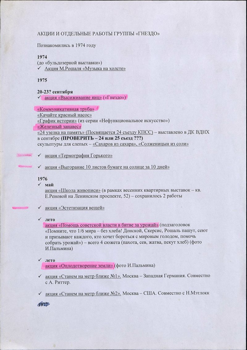 Перечень акций и отдельных работ группы «Гнездо» (1974–1979)