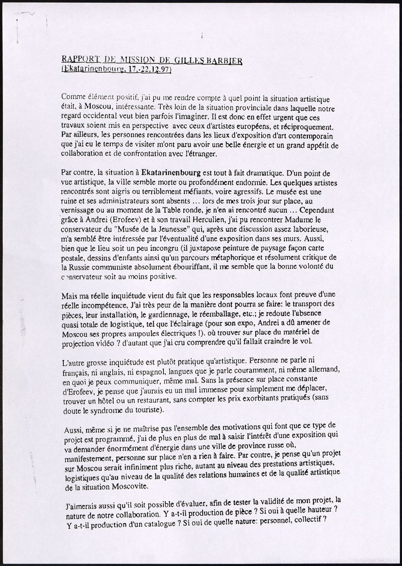 Rapport de mission de Gilles Barbier (Ekaterinbourg, 17.-22.12.1997)
