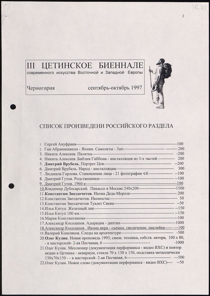 Список произведений российского раздела III Цетинского Биеннале