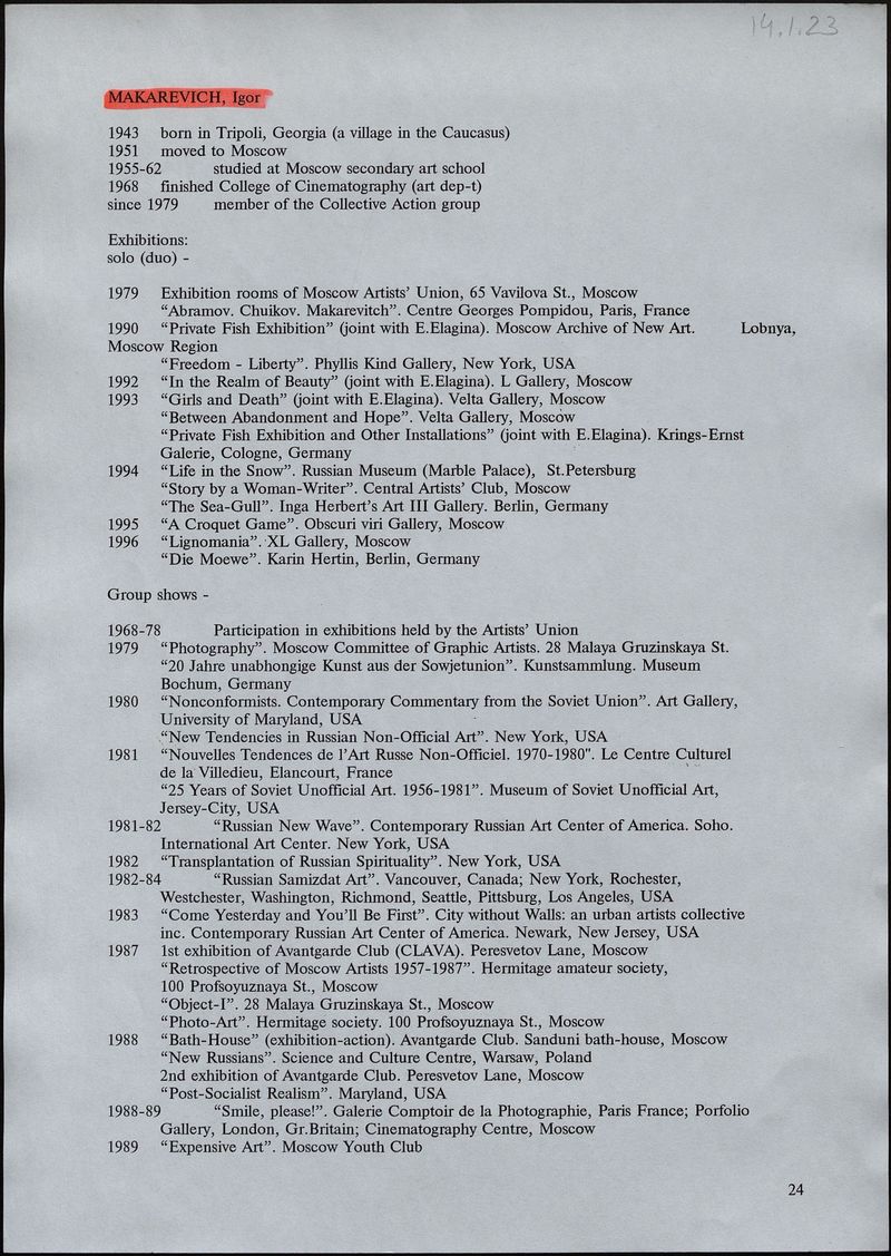 Краткая биография и список выставок Игоря Макаревича для III Цетинской биеннале