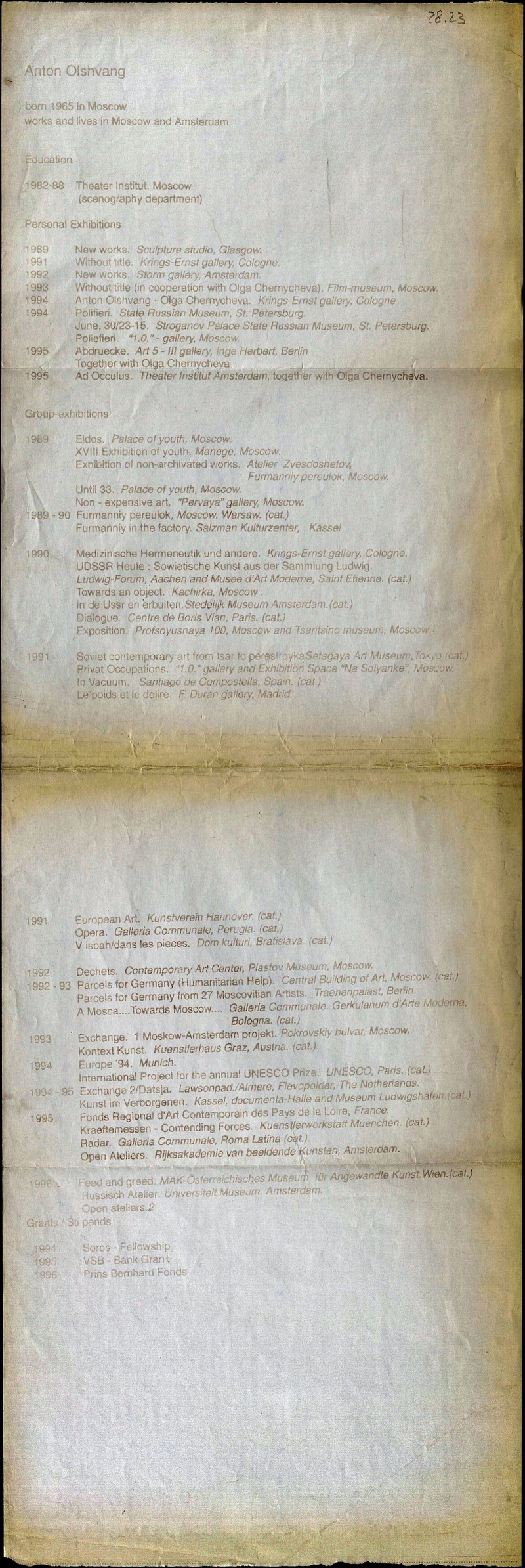Краткая биография и список выставок Антона Ольшванга для III Цетинской биеннале