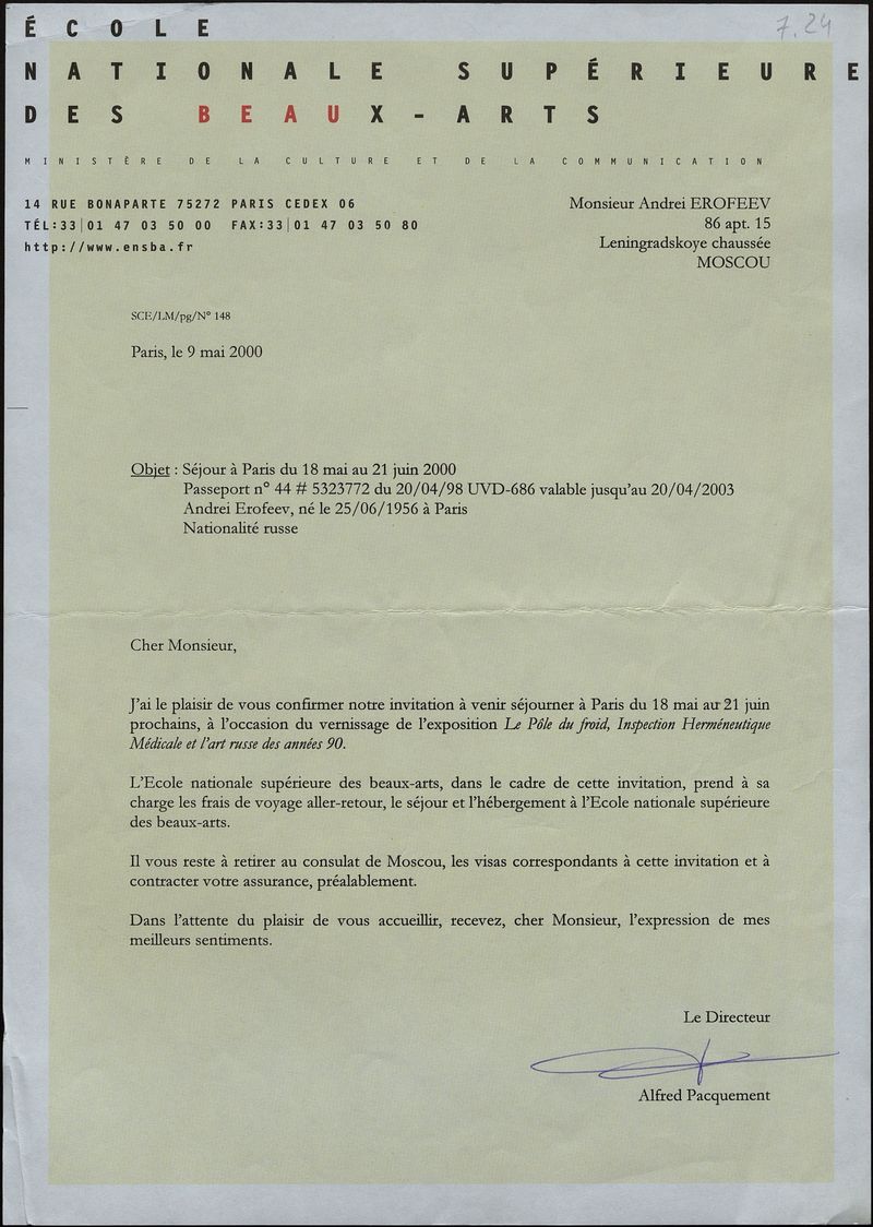 Письмо Андрею Ерофееву от директора Национальной высшей школы изящных искусств в Париже Альфреда Пакмана