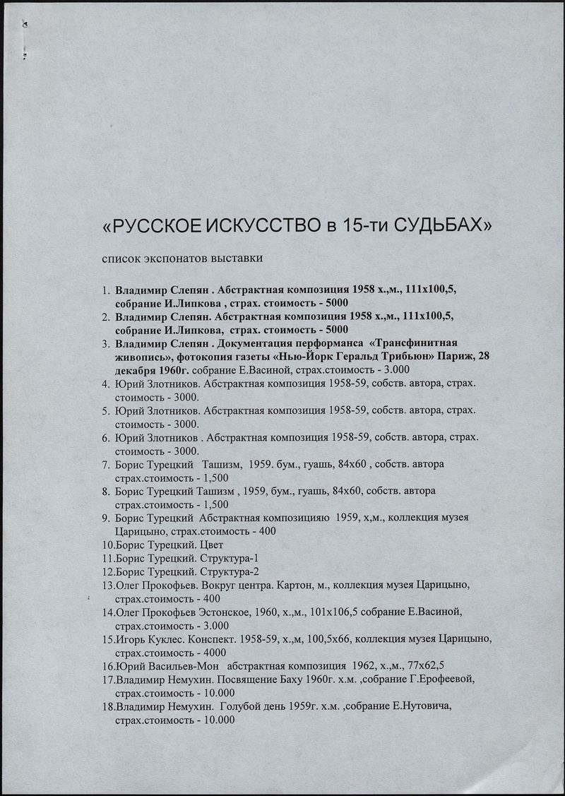 Список произведений выставки «Русское искусство в 15-ти судьбах»