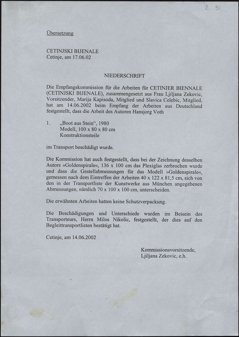 Документ о транспортировке произведения Ханнсйорга Вота для IV Цетинской биеннале