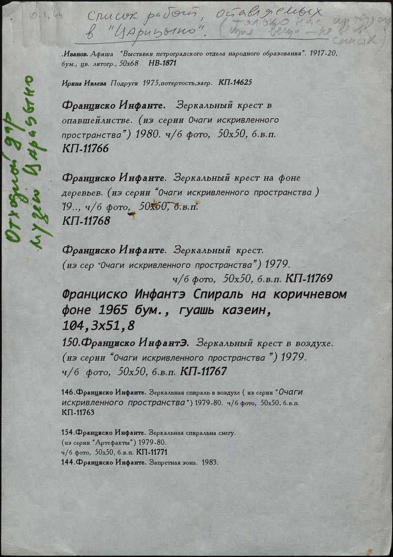 Список произведений, остающихся на хранении в музее «Царицыно»