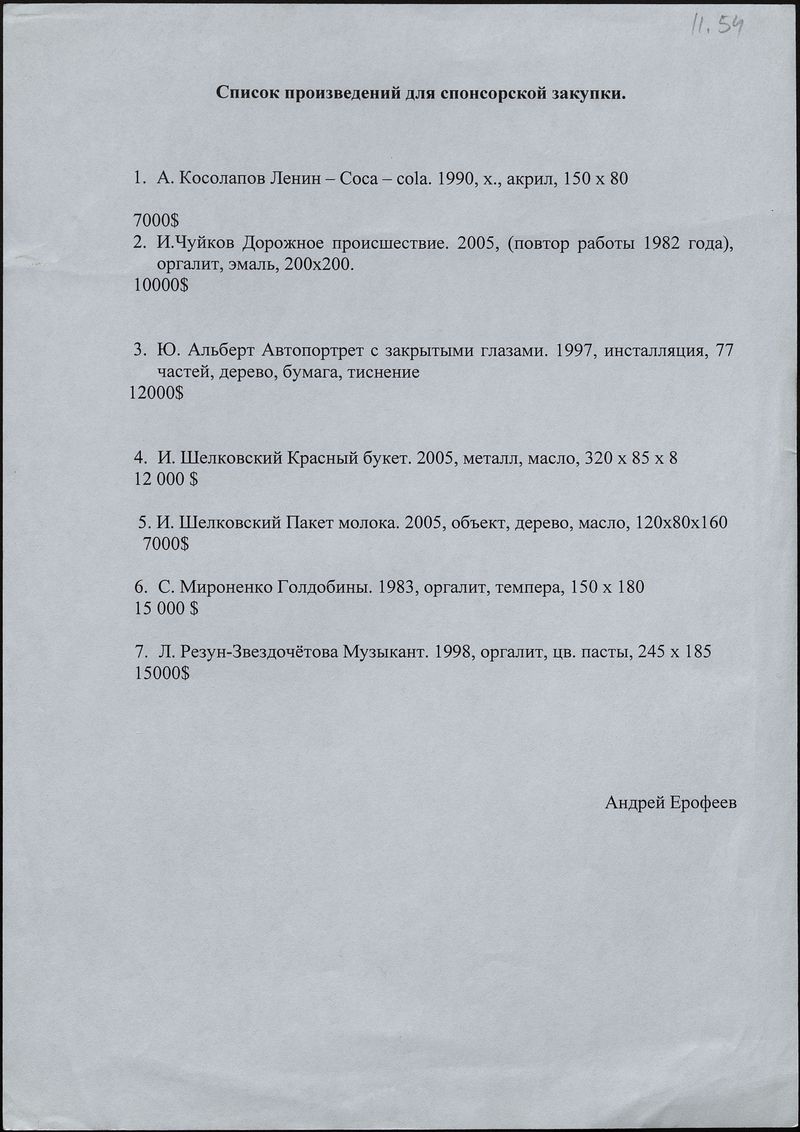 Материалы для закупки отдела новейших течений Государственной Третьяковской галереи