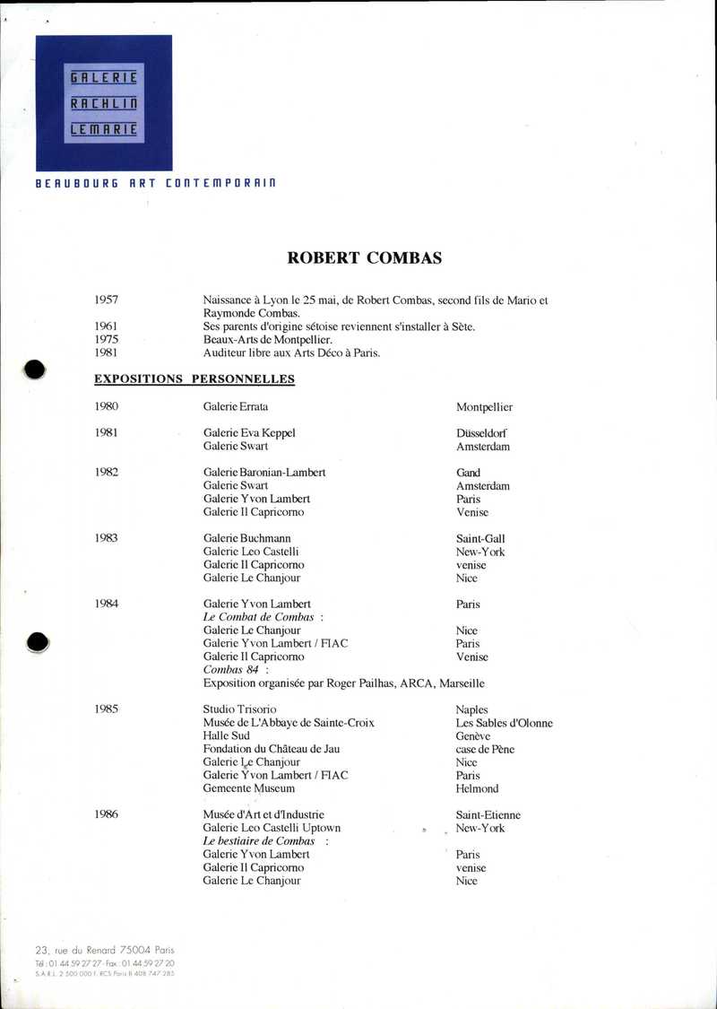 Биография и список выставок Робера Комба для III Цетинской биеннале