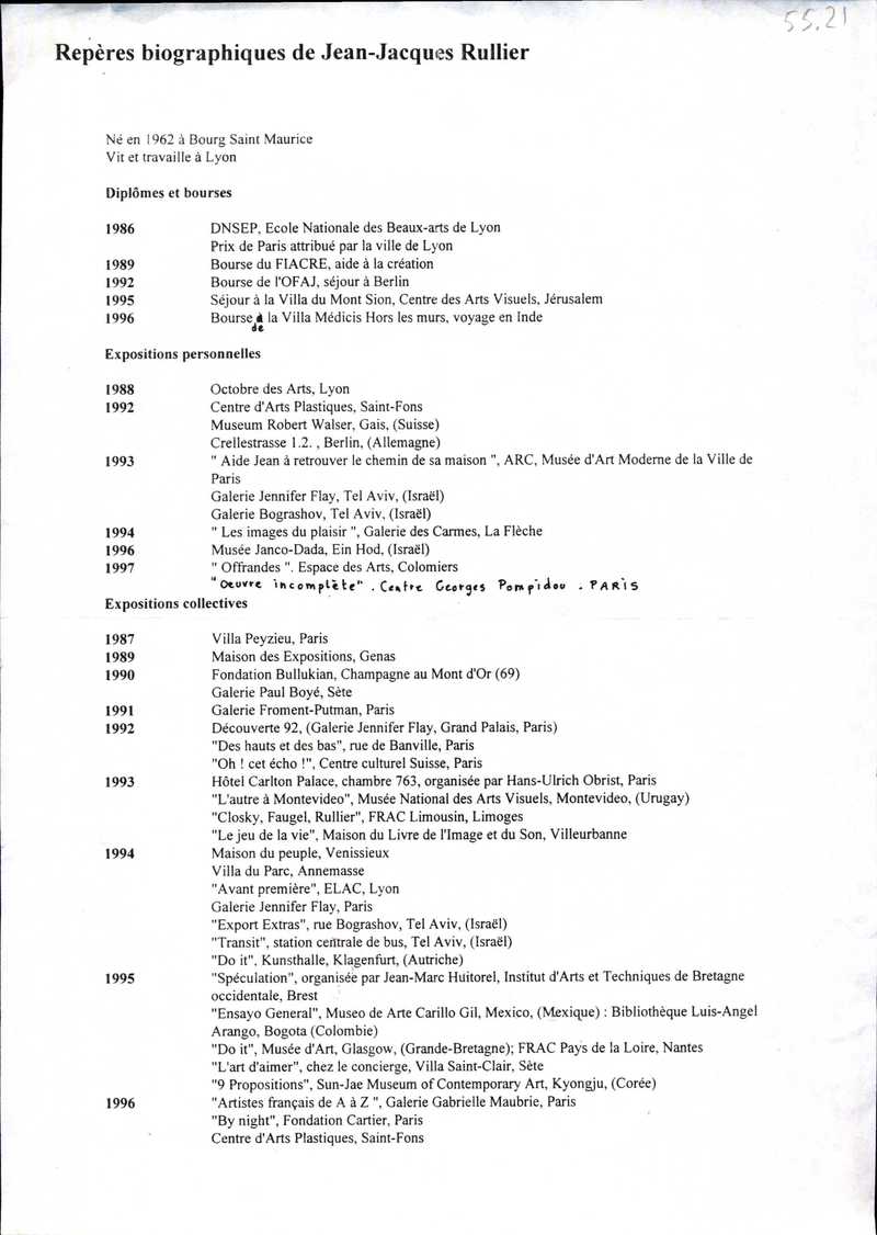 Биография и список выставок Жана‑Жака Рулье для III Цетинской биеннале