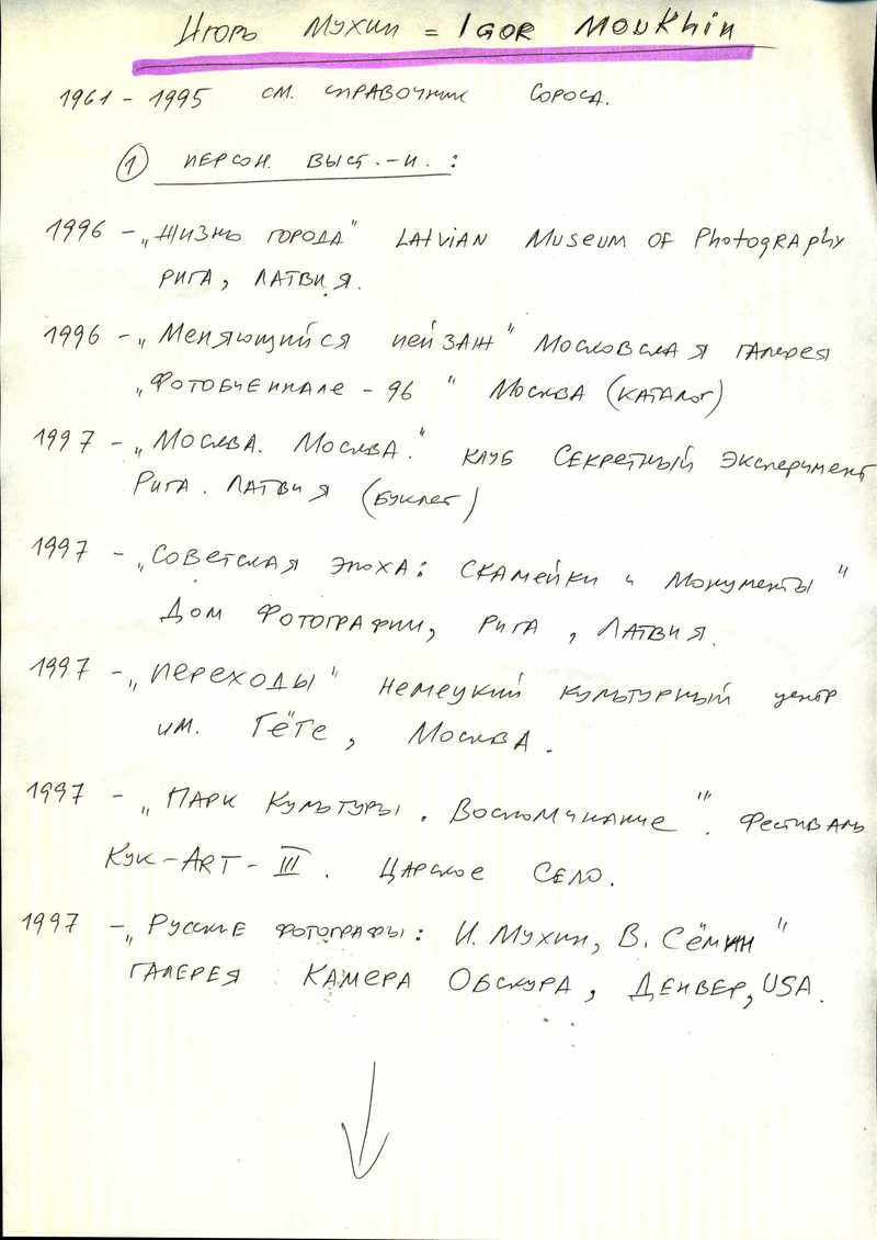 Список персональных выставок Игоря Мухина для III Цетинской биеннале
