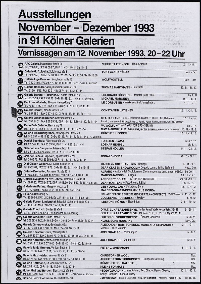 Анонсы выставок галерей Кёльна, ноябрь‑декабрь 1993 года