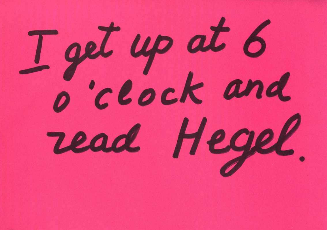 Записки “I get up at 6 o’clock and read Hegel.”, “Pioneer hats. Soviet Union period.” и “This hat had a constaction of Pilot hat.” из проекта “Магазин утопической одежды” группы “Фабрика найденных одежд”