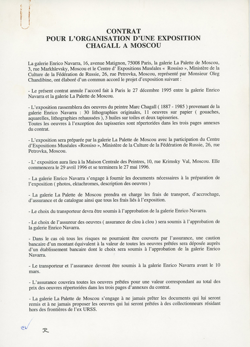 Contrat pour L'organisation d'une Exposition Chagall a Moscou