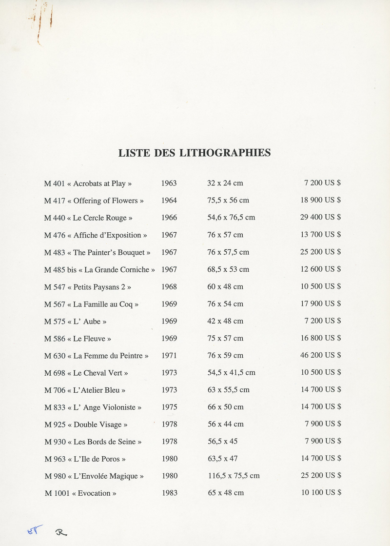 Liste des Lithographies