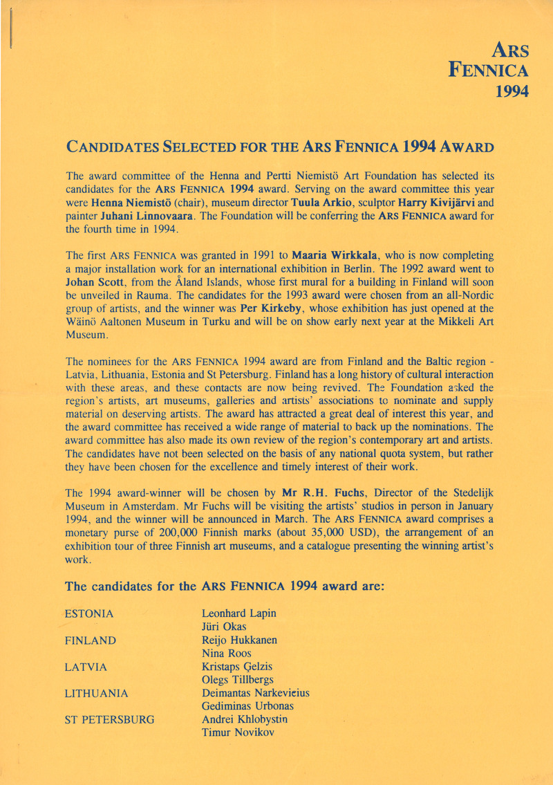 Candidates Selected for the Arts Fennica 1994 Award