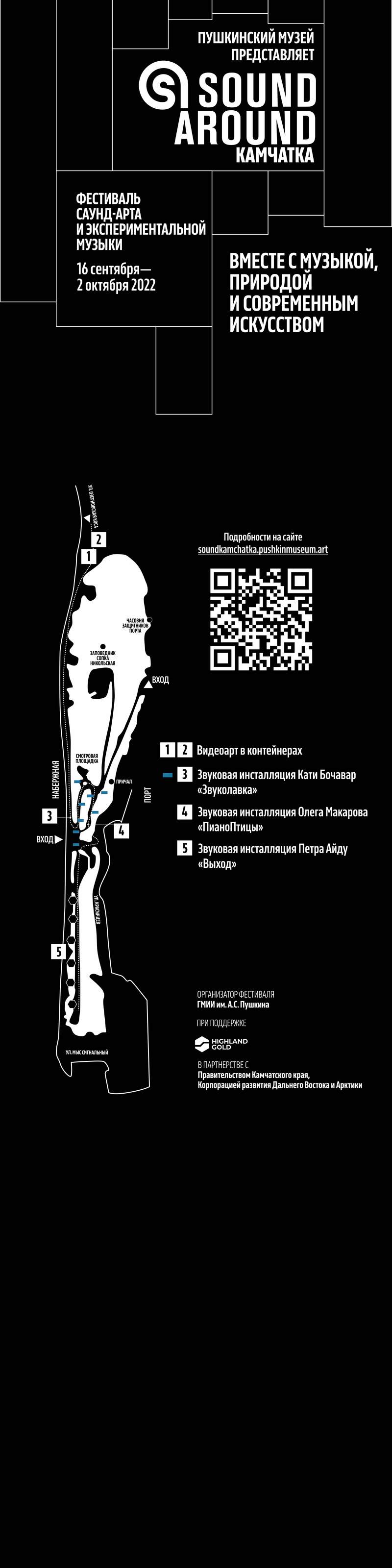 Макеты с общей информацией и схемой размещения звуковых инсталляций в рамках фестиваля «Sound Around Камчатка» для информационной стеллы