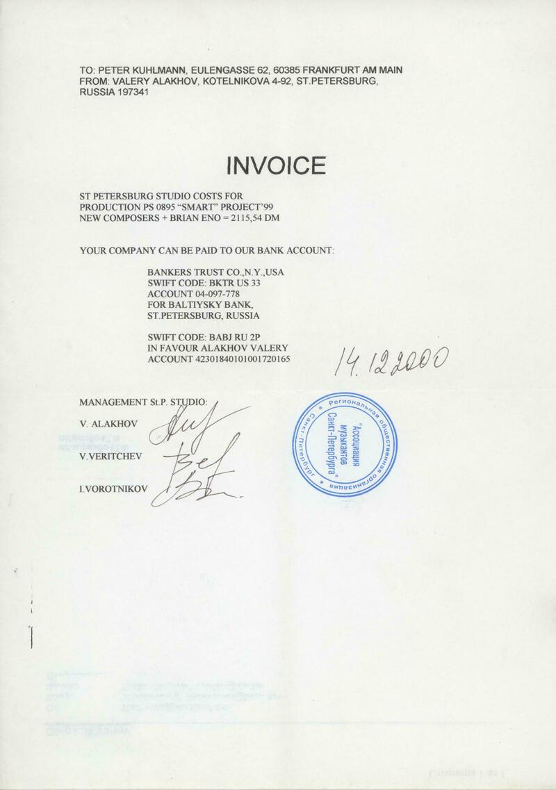 Invoice. Peter Kuhlmann to Valery Alakhov