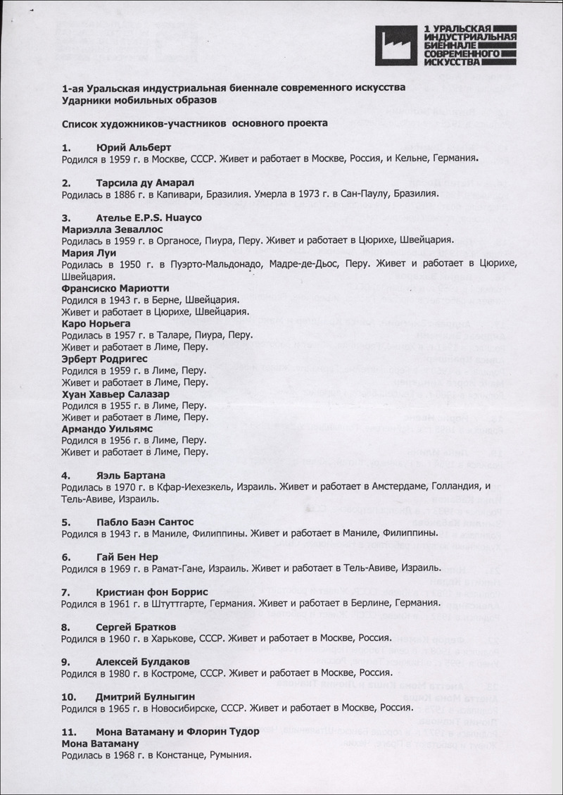 1-ая Уральская индустриальная биеннале современного искусства. Список художников‑участников основного проекта